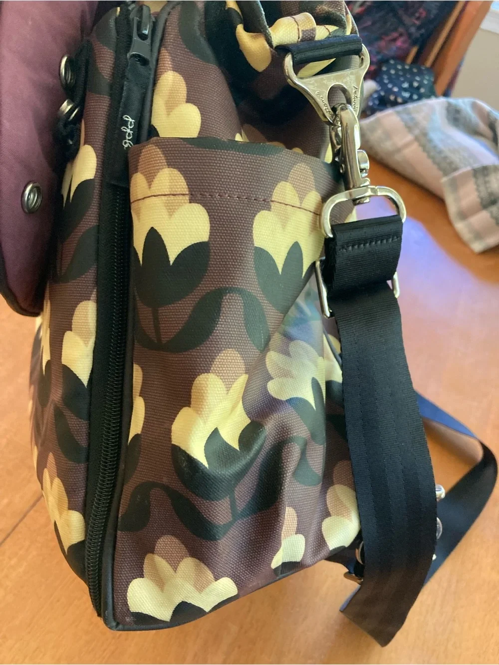 Petunia Pickle Bottom Brown Floral Messenger Diaper Bag with Yellow Tulip Motif